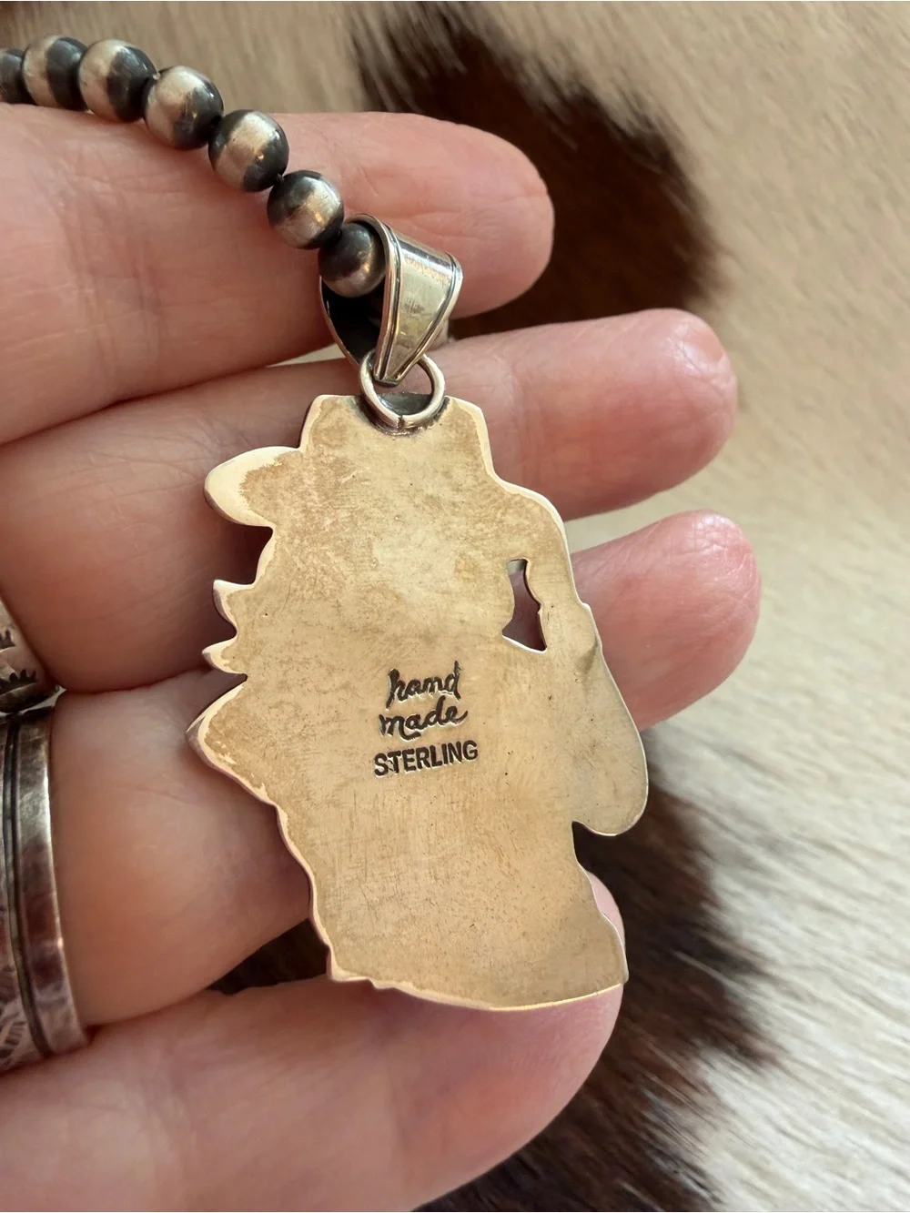 ❤️ Hand Stamped Sterling 925 Cowgirl Pendant w Turquoise Accent Decorative Bail